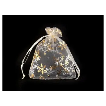 Vánoční dárkový pytlík vločky 9x12 cm organza - 10 ks - 2 krémová nejsvět. zlatá