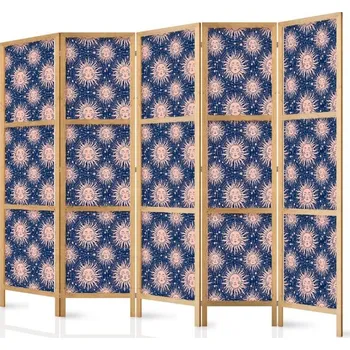 Paraván Japonský paraván - Sunny Patterns - opakující se motiv slunce na pozadí námořnictva Velikost: 225x172 cm