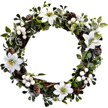 Věnec Vánoční věnec hnědé proutí s bílou poinsetií 30 cm