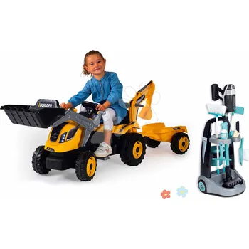 Dětský spotřebič Set úklidový vozík a traktor na šlapání Rowenta Trolley Smoby s nakladačem a bagrem a elektronický vysavač se zvukem