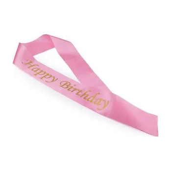 Party dekorace Narozeninová saténová šerpa Happy Birthday šíře 9,5 cm - 1 ks - 2 růžová světlá zlatá