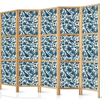 Paraván Japonský paraván - Rose Vines - Jednobarevní modří ptáci odpočívající mezi růžemi Velikost: 225x172 cm