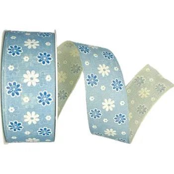 Stuha Stuha látková jarní FIORI DI PRIMAVERA pastelově modrá 40mm x 20m (8,-Kč/m) (Jarní stuha bavlněná, pastelově modrá, jednostranný potisk s motivem květin, tkaním zesílené okraje)