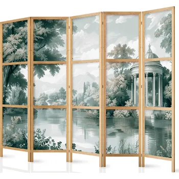 Paraván Japonský paraván - Pohled na park a jezero - retro retro krajina v zeleni. Velikost: 225x172 cm