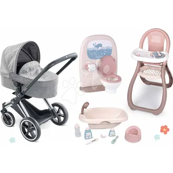 Kočárek pro panenku Set kočárek s vaničkou a nočníkem panenky Cybex Landau 3v1 Priam Corolle a záchod s koupelnou a jídelní židlí pro panenky