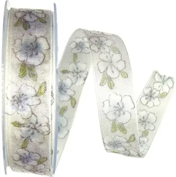 Stuha Stuha taftová WHITE FLOWERS bílá, transparentní 25mm x 20m (6,-Kč/m) AZ (Stuha taftová, transparentní, oboustranná, potisk bílé květy, s vlascem v lemu)