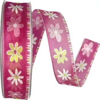 Stuha Stuha taftová PINK FLOWERS 25mm x 20m (6,- Kč/m) (Stuha taftová, transparentní, s potiskem, oboulící, s drátkem)