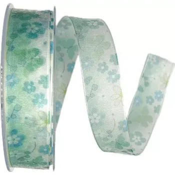 Stuha Stuha taftová FLOWER BREEZE tyrkysová transparentní 25mm x 20m (7,-Kč/m) (Stuha taftová, průsvitná, oboustranná, s vetkaným vlascem v lemu)