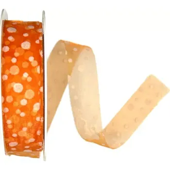 Stuha Stuha organzová SPOTS transparentní, oranžová 25mm x 20m (7,-Kč/m) (Stuha organzová, potisk bílé puntíky, průsvitná, oboustranná)