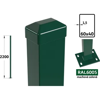 Plotový sloupek Plotový sloupek 220 cm s patkou, 60×40×1,5 mm, mechová zelená