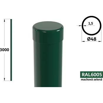 Plotový sloupek Plotový sloupek 300 cm, průměr 48 mm, tl. stěny 1,50 mm, mechová zelená