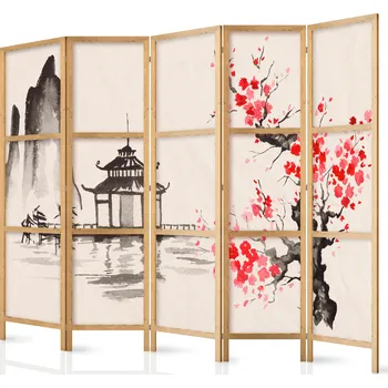 Paraván Japonský paraván - Mystický klid: Tradiční japonský pavilon nad vodní hladinou a kvetoucí větev sakury Velikost: 225x172 cm