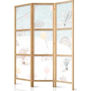 Paraván Japonský paraván - Balónky na obloze: Balónky v pastelových barvách létající zataženou oblohou - Mezi duhami a hvězdami. Velikost: 135x172 cm