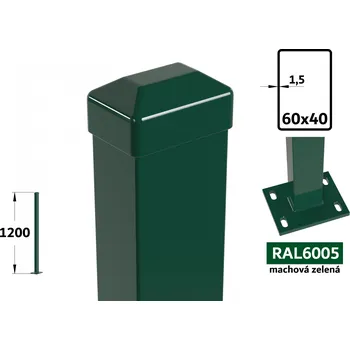 Plotový sloupek Plotový sloupek 120 cm s patkou, 60×40×1,5 mm, mechová zelená