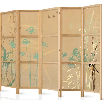 Paraván Japonský paraván - Tiny Bird - Barevné trávy ve zlatých odstínech západu slunce. Velikost: 225x172 cm