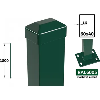 Plotový sloupek Plotový sloupek 180 cm s patkou, 60×40×1,5 mm, mechová zelená