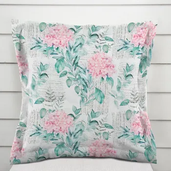 Povlak na polštářek Dekorační povlak na polštář s lemem PML-080 Růžové květy hortenzie s mintovými listy 50 x 60 cm