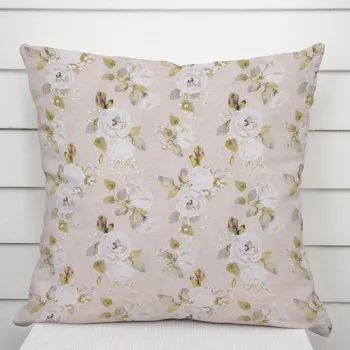 Povlak na dekorativní polštářek Dekorační povlak na polštář PML-059 Bílé růže s perokresbou na béžovém 40 x 40 cm