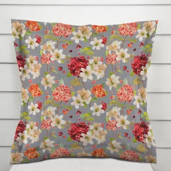 Povlak na polštářek Dekorační povlak na polštář s lemem PML-092 Hortenzie a lilie na šedém 50 x 50 cm