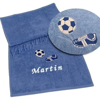 Osuška s výšivkou fotbalové kopačky a míče + jméno 70x140 král.modř