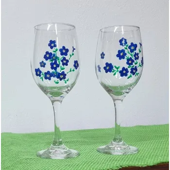 Sklenice Nebe doma Sada ručně malovaných sklenic - pomněnky - vínovky - 2 ks