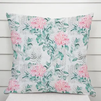 Povlak na dekorativní polštářek Dekorační povlak na polštář PML-080 Růžové květy hortenzie s mintovými listy 40 x 60 cm