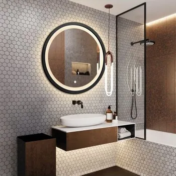 Zrcadlo Kulaté zrcadlo v černém matném mdf rámu s pískovaným osvětlením - OTIS LED - barva rámu dle vašeho výběru