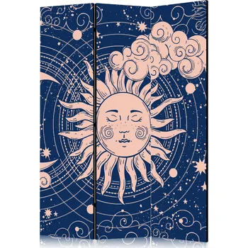 Paraván Paraván - Cosmic Harmony - Ilustrace Slunce a Měsíce na pozadí námořnictva Velikost: 135x172 cm, Provedení: Jednostranný
