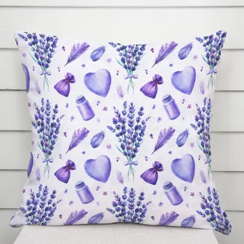Povlak na dekorativní polštářek Dekorační povlak na polštář PML-055 Levandule a srdce na bílém 35 x 45 cm