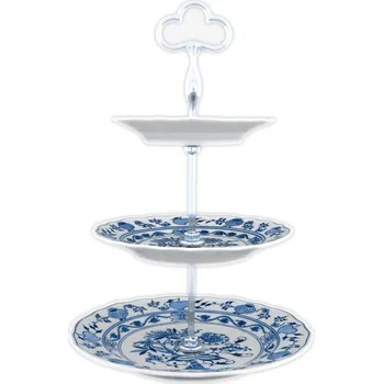 Cibulák Dubí Etažér 3-dílný - talíře plné / zlac. tyčka - cibulový porcelán 70298 ø 15 + 18 + 24 cm