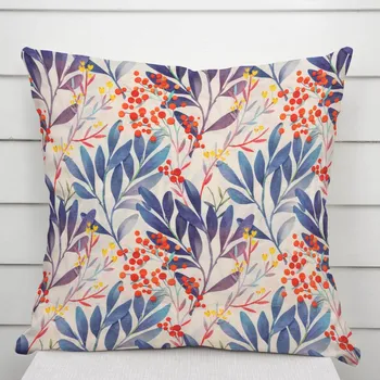 Povlak na dekorativní polštářek Dekorační povlak na polštář PML-067 Modré listy na krémovém 40 x 40 cm