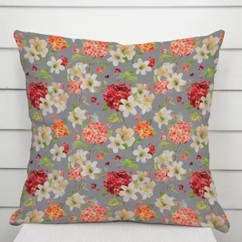 Povlak na dekorativní polštářek Dekorační povlak na polštář PML-092 Hortenzie a lilie na šedém 50 x 50 cm