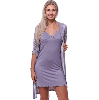 Dámská noční košile Lila, světle fialová jemná luxusní košilka a župan s jemným růžovým vzorem v kompletu 1D1378 fialová l