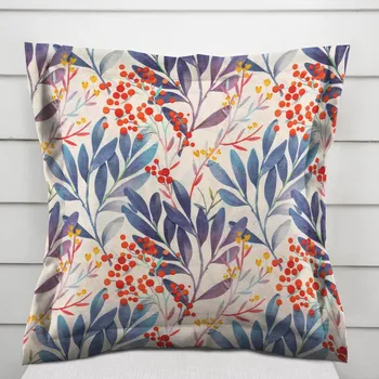Povlak na dekorativní polštářek Dekorační povlak na polštář s lemem PML-067 Modré listy na krémovém 40 x 40 cm