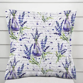 Povlak na polštářek Dekorační povlak na polštář s lemem PML-082 Snítky levandulí s vázičkami 30 x 50 cm