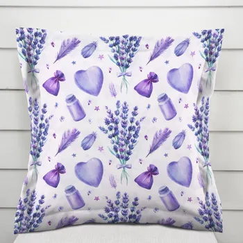 Povlak na dekorativní polštářek Dekorační povlak na polštář s lemem PML-055 Levandule a srdce na bílém 40 x 60 cm
