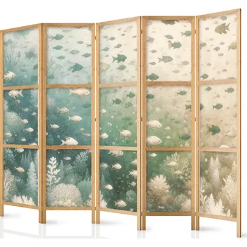 Paraván Japonský paraván - Ryby a rozmanitá vegetace - Seskupení ryb v pastelově tlumených barvách mezi oceánskou vegetací Velikost: 225x172 cm