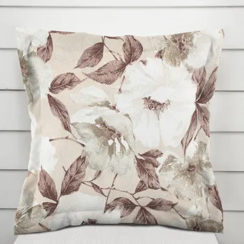 Povlak na polštářek Dekorační povlak na polštář s lemem Porto PRT-011 Hnědo-bílé květy na béžovém 50 x 60 cm