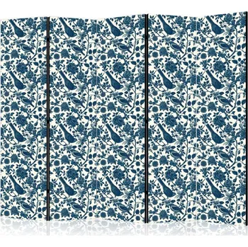 Paraván Paraván - Růžová réva - Jednobarevní modří ptáci odpočívající mezi růžemi Velikost: 225x172 cm, Provedení: Jednostranný