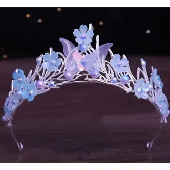 Čelenka B-TOP Postříbřená korunka do vlasů s modrým motýlem, květy a perlami