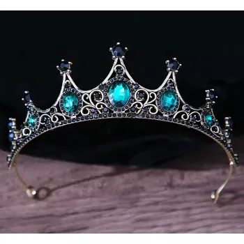 Čelenka B-TOP Vintage pozlacená korunka do vlasů s černými a zelenými krystaly