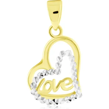 Přívěsek GEMMAX Přívěsek dvě srdce s nápisem Love ze žluto-bílého zlata – zlatý šperk ryzosti 585/1000 v Dárkovém balení s Certifikátem GLPCN-02612