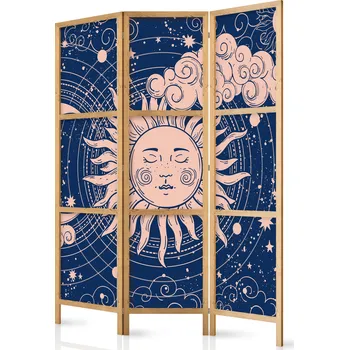 Paraván Japonský paraván - Kosmická harmonie: Ilustrace Slunce a Měsíce na tmavě modrém pozadí Velikost: 135x172 cm