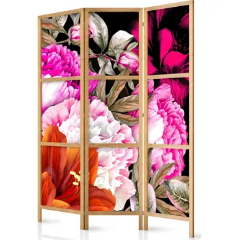 Paraván Japonský paraván - Květinová hojnost: Velké růžové a oranžové květy na černém podkladu Velikost: 135x172 cm