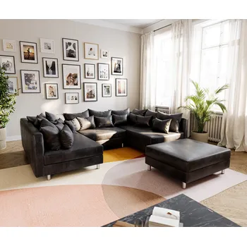 Ložnicová sestava DELIFE Pohovka ve tvaru "U" Clovis antracitová antik vzhled modulární taburet