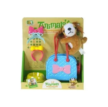 plyšák Sada - plyšový pes 12x9x5cm, s taškou a příslušenstvím; 24x21,5x18,5cm,