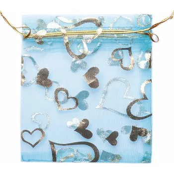 Dárková taška Dárkový sáček organza 10 x 12 cm tyrkysový se srdíčky 10 x 12 cm