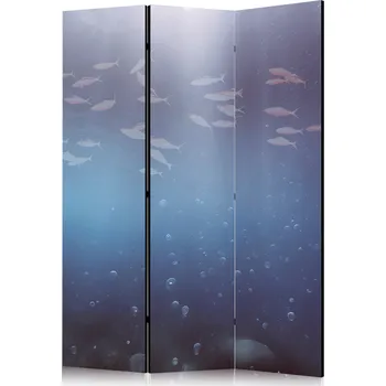 Paraván Paraván - Hejno malých rybek - Osvětlená oceánská hloubka v odstínech námořnické fialové a šedé s hejnem drobných rybek Velikost: 135x172 cm, Provedení: Jednostranný