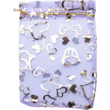 Dárková taška Dárkový sáček organza 13 x 18 cm fialový se srdíčky 13 x 18 cm