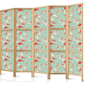 Paraván Japonský paraván - Rybí a japonský vzor - Koi ryby v oranžovo-krémových barvách na zeleno-mátovém pozadí s orientálním vzorem Velikost: 225x172 cm